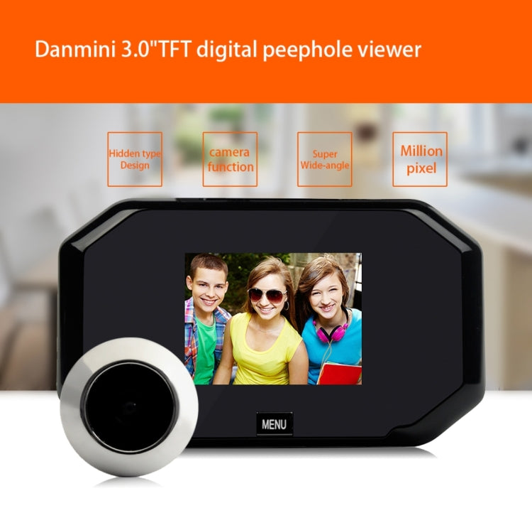 Danmini YB-30BH Pantalla de 3 pulgadas Cámara de seguridad de 1.0MP Mirilla de puerta para tomar fotografías, compatible con tarjeta TF, 1.0MP TF Card