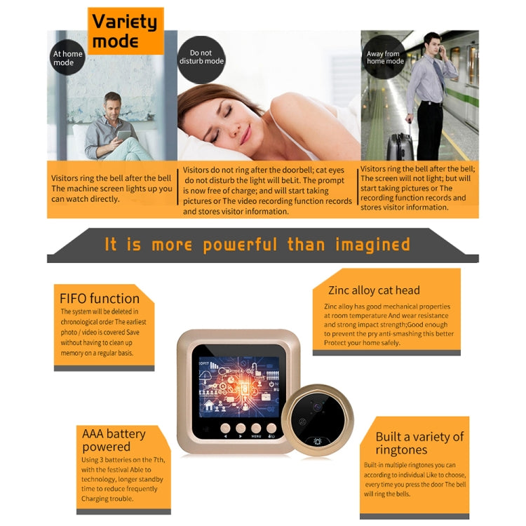 Danmini W5 Pantalla de 2.4 pulgadas Cámara de seguridad de 2.0MP Timbre con visor de mirilla sin molestias, compatible con tarjeta TF / Visión nocturna / Grabación de video, W5