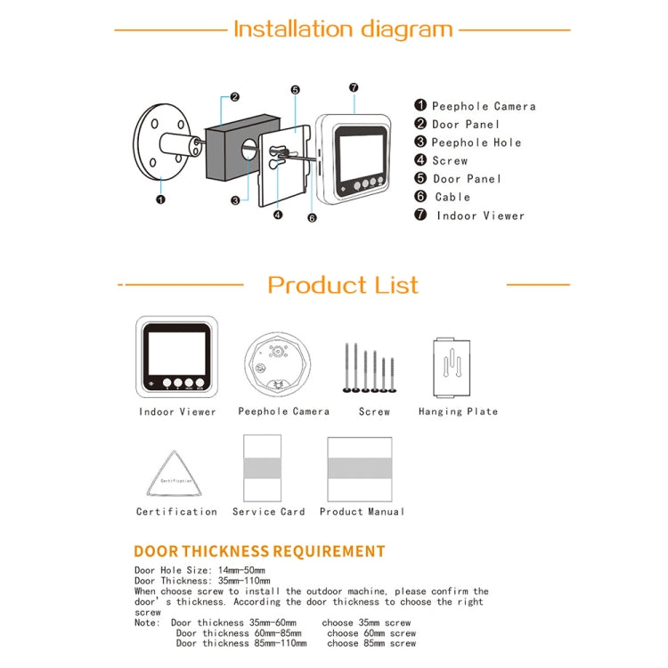 Danmini W5 Pantalla de 2.4 pulgadas Cámara de seguridad de 2.0MP Timbre con visor de mirilla sin molestias, compatible con tarjeta TF / Visión nocturna / Grabación de video, W5