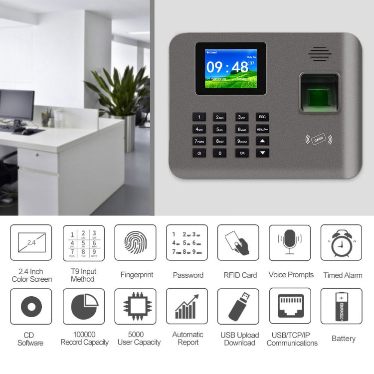 Asistencia de tiempo de huellas dactilares Realand AL325 con pantalla a color de 2,4 pulgadas, función de tarjeta de identificación y WiFi, AL325