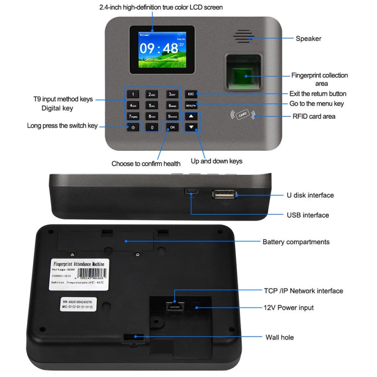 Asistencia de tiempo de huellas dactilares Realand AL325D con pantalla a color de 2,4 pulgadas, función de tarjeta de identificación, WiFi y batería, AL325D