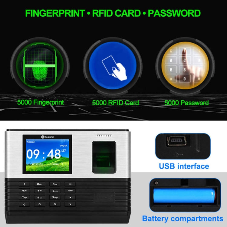 Asistencia de tiempo de huellas dactilares Realand AL355 con pantalla a color de 2,8 pulgadas, función de tarjeta de identificación y WiFi, AL355