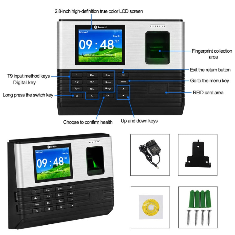Asistencia de tiempo de huellas dactilares Realand AL355 con pantalla a color de 2,8 pulgadas, función de tarjeta de identificación y WiFi, AL355