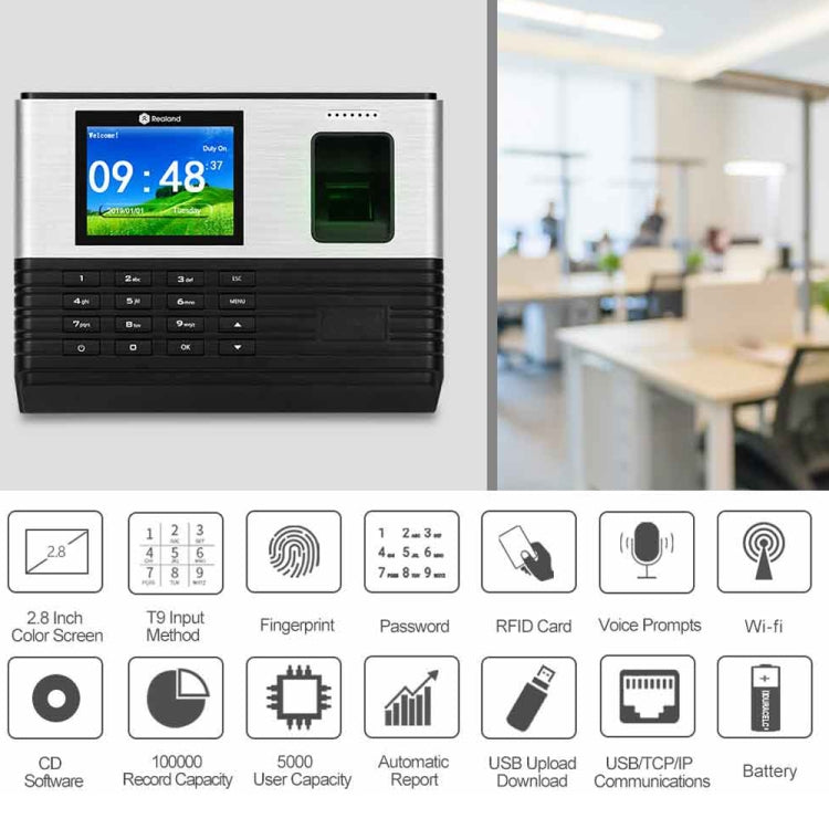 Asistencia de tiempo de huellas dactilares Realand AL355 con pantalla a color de 2,8 pulgadas, función de tarjeta de identificación y WiFi, AL355
