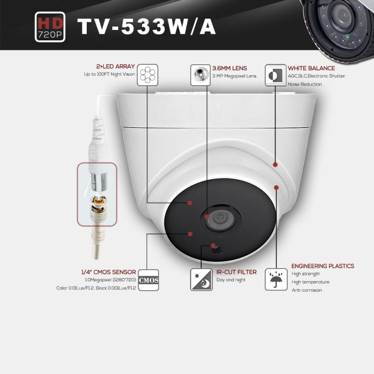 Cámara AHD con lente de 3,6 mm y 3MP, resistente al agua, certificada CE y RoHS 533A, con 2 matrices de LED IR, compatible con visión nocturna y balance de blancos, 533A-W, 533A-L, 533A-H2