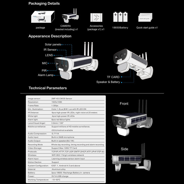 T8 1080P Full HD Batería solar Ultra baja potencia Sonido Luz Alarma Cámara de red, Soporte Detección de movimiento, Visión nocturna, Audio bidireccional, Tarjeta TF, T8