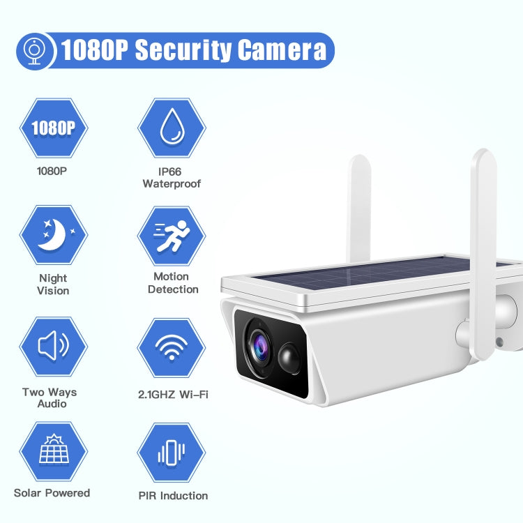 T13-2 Cámara de seguridad WiFi de 2,4 GHz con energía solar 1080P HD sin batería, compatible con detección de movimiento, visión nocturna, audio bidireccional, tarjeta TF, T13-2 without Battery