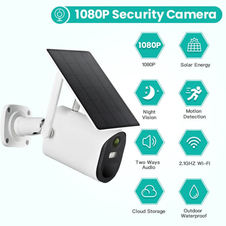 Cámara WiFi con energía solar T20 1080P Full HD, compatible con detección de movimiento, visión nocturna, audio bidireccional, tarjeta TF, WiFi