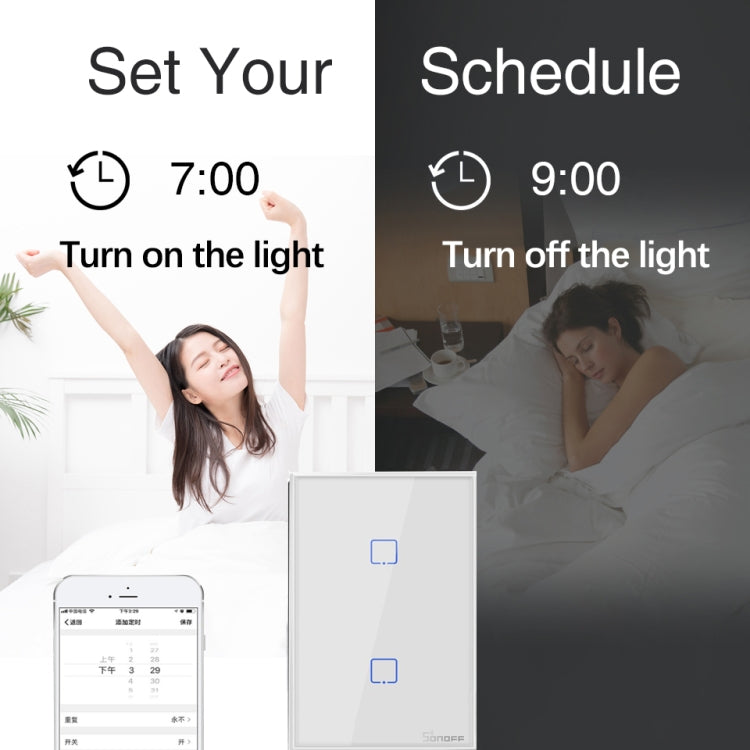 Sonoff T2 Touch Interruptor de pared con panel de vidrio templado de 120 mm Interruptor táctil para luz de hogar inteligente, compatible con Alexa y Google Home, CA 100 V-240 V, enchufe de EE. UU., 120mm/ 2 US Plug