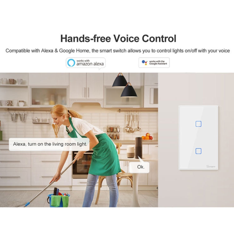 Sonoff T2 Touch Interruptor de pared con panel de vidrio templado de 120 mm Interruptor táctil para luz de hogar inteligente, compatible con Alexa y Google Home, CA 100 V-240 V, enchufe de EE. UU., 120mm/ 2 US Plug