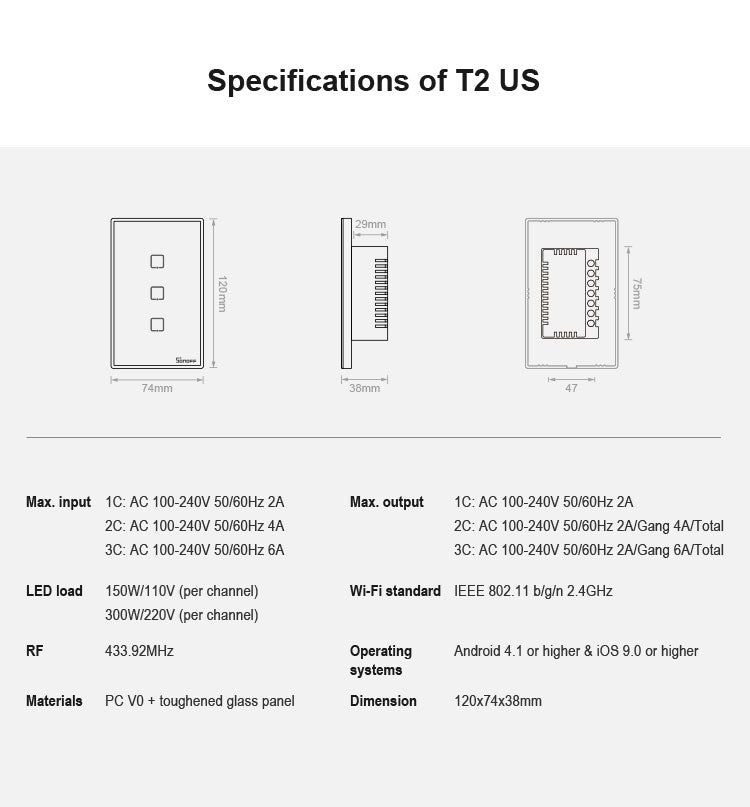 Sonoff T2 Touch Interruptor de pared con panel de vidrio templado de 120 mm Interruptor táctil para luz de hogar inteligente, compatible con Alexa y Google Home, CA 100 V-240 V, enchufe de EE. UU., 120mm/ 3 US Plug