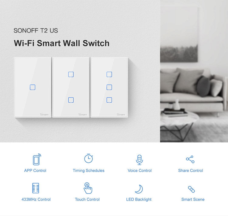 Sonoff T2 Touch Interruptor de pared con panel de vidrio templado de 120 mm Interruptor táctil para luz de hogar inteligente, compatible con Alexa y Google Home, CA 100 V-240 V, enchufe de EE. UU., 120mm/ 3 US Plug