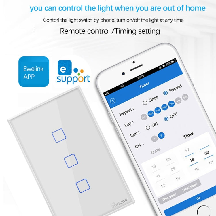 Sonoff T2 Touch Interruptor de pared con panel de vidrio templado de 120 mm Interruptor táctil para luz de hogar inteligente, compatible con Alexa y Google Home, CA 100 V-240 V, enchufe de EE. UU., 120mm/ 3 US Plug