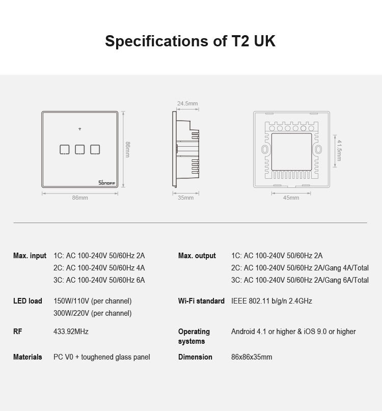 Sonoff T2 Touch Interruptor de pared con panel de vidrio templado de 86 mm Interruptor táctil para luz de hogar inteligente, compatible con Alexa y Google Home, CA 100 V-240 V, enchufe del Reino Unido, 86mm/ 1 UK Plug