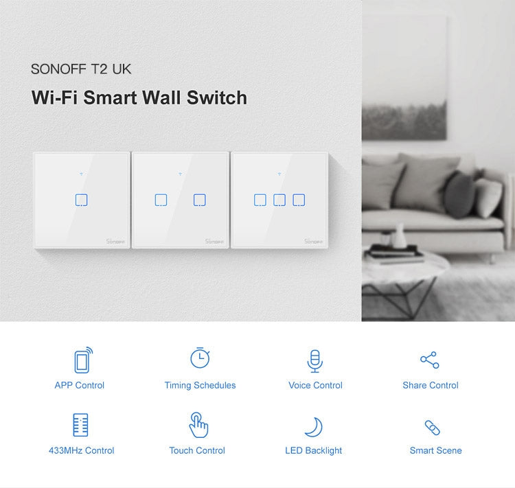Sonoff T2 Touch Interruptor de pared con panel de vidrio templado de 86 mm Interruptor táctil para luz de hogar inteligente, compatible con Alexa y Google Home, CA 100 V-240 V, enchufe del Reino Unido, 86mm/ 3 UK Plug