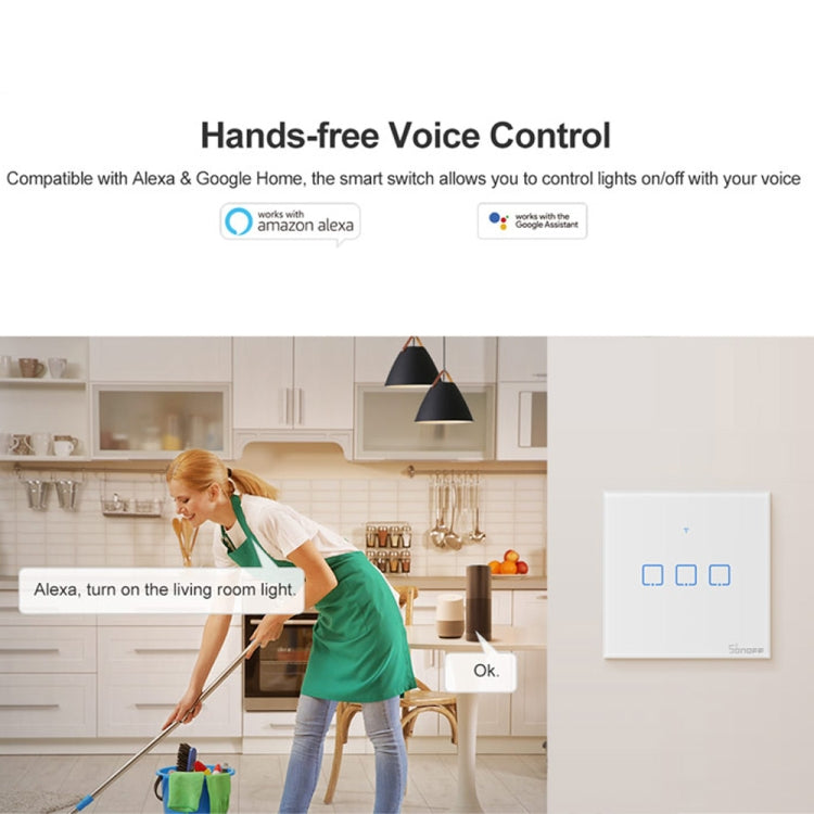 Sonoff T2 Touch Interruptor de pared con panel de vidrio templado de 86 mm Interruptor táctil para luz de hogar inteligente, compatible con Alexa y Google Home, CA 100 V-240 V, enchufe de la UE, 86mm/ 1 EUPlug