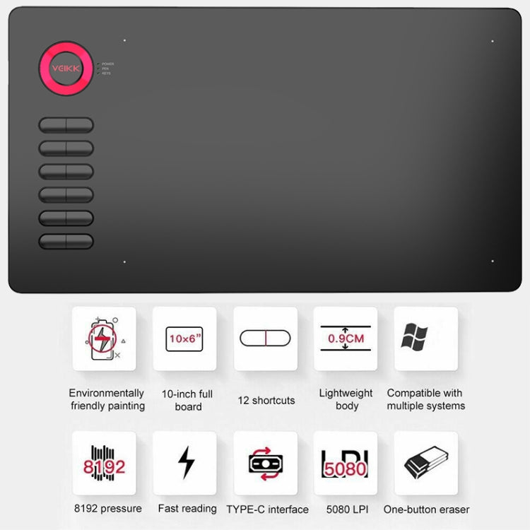 VEIKK A15 10x6 pulgadas 5080 LPI tableta gráfica electrónica táctil inteligente, con interfaz tipo C, A15 Gold, A15 Blue, A15 Beige, A15 Red