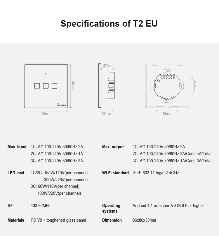 Sonoff T2 Touch Interruptor de pared con panel de vidrio templado de 86 mm Interruptor táctil para luz de hogar inteligente, compatible con Alexa y Google Home, CA 100 V-240 V, enchufe de la UE, 86mm/ 3 EU Plug