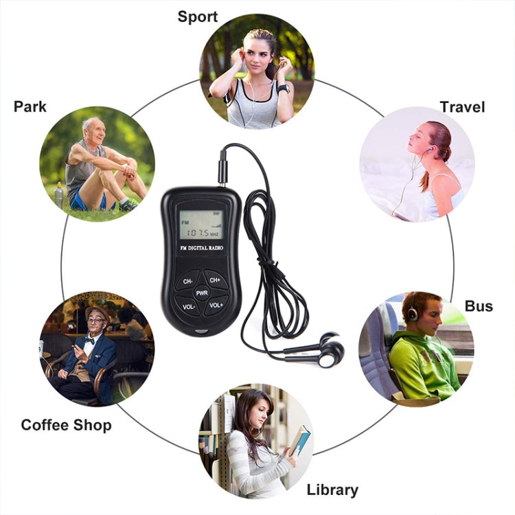 HRD-107 DSP Radio FM estéreo portátil con pantalla digital y auriculares