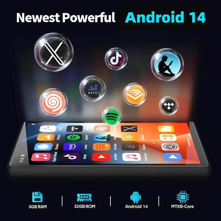 Tablet PC UNIWA MP004 de 4 pulgadas con pantalla IPS, Android 14, IA, reproductor de música inteligente, 3 GB + 32 GB, 3GB+32GB