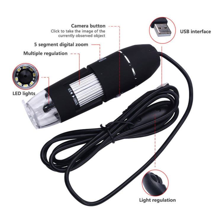 Microscopio digital USB con sensor de imagen de 0,3 MP y lupa 1000X con 8 LED y soporte profesional, 1000X