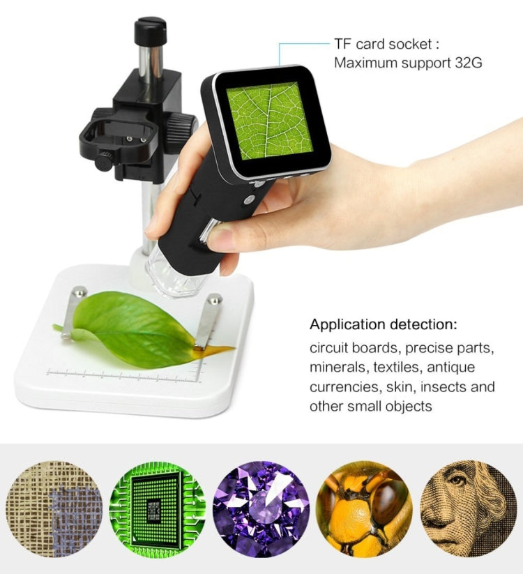 Lupa con Zoom 500X, Sensor de imagen de 3MP, microscopio Digital USB con pantalla de 2,5 pulgadas, 8 LED y soporte profesional, compatible con tarjeta TF, DMS-015M 500X