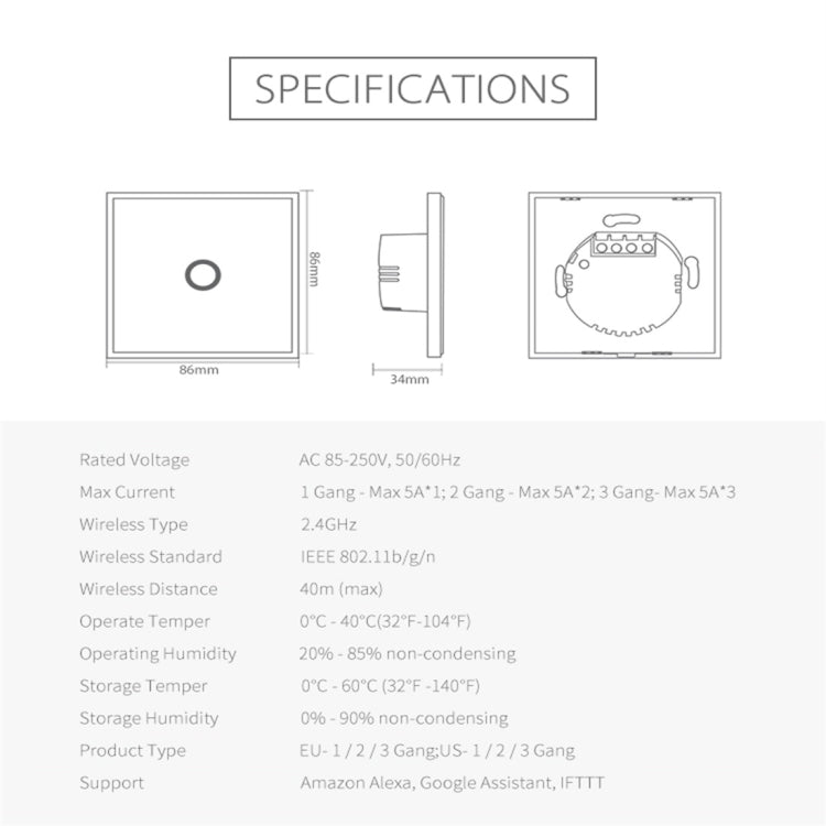 NEO NAS-SC01W Interruptor de control de luz inteligente inalámbrico WiFi EU 1Gang, 1 Gang