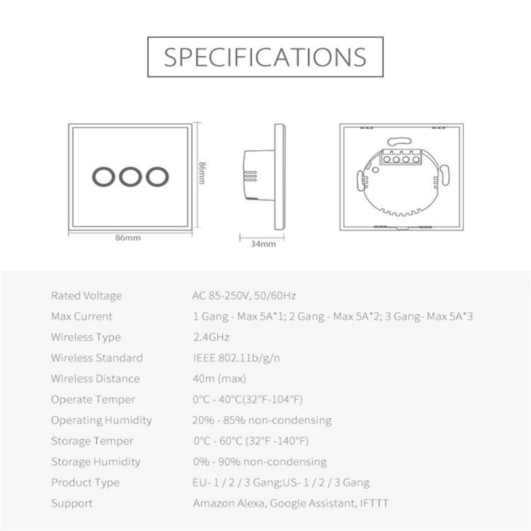 NEO NAS-SC03W WiFi inalámbrico UE Interruptor de control de luz inteligente 3Gang, 3 Gang