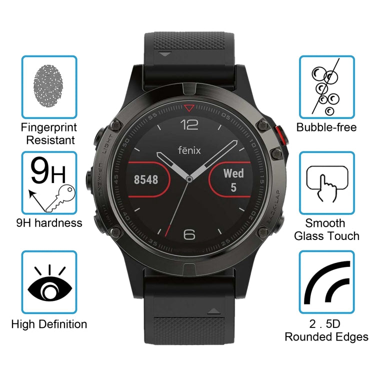 ENKAY Hat-Prince para reloj inteligente Garmin Fenix 5 0,2 mm 9H Dureza superficial 2.15D Película de vidrio templado con borde curvo