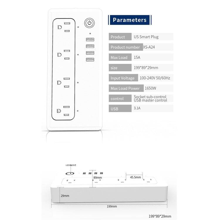 XS-A24 WiFi Smart Power Plug Socket Control remoto inalámbrico Temporizador Interruptor de encendido con puerto USB, Compatible con Alexa y Google Home, Compatible con iOS y Android, Enchufe de EE. UU.