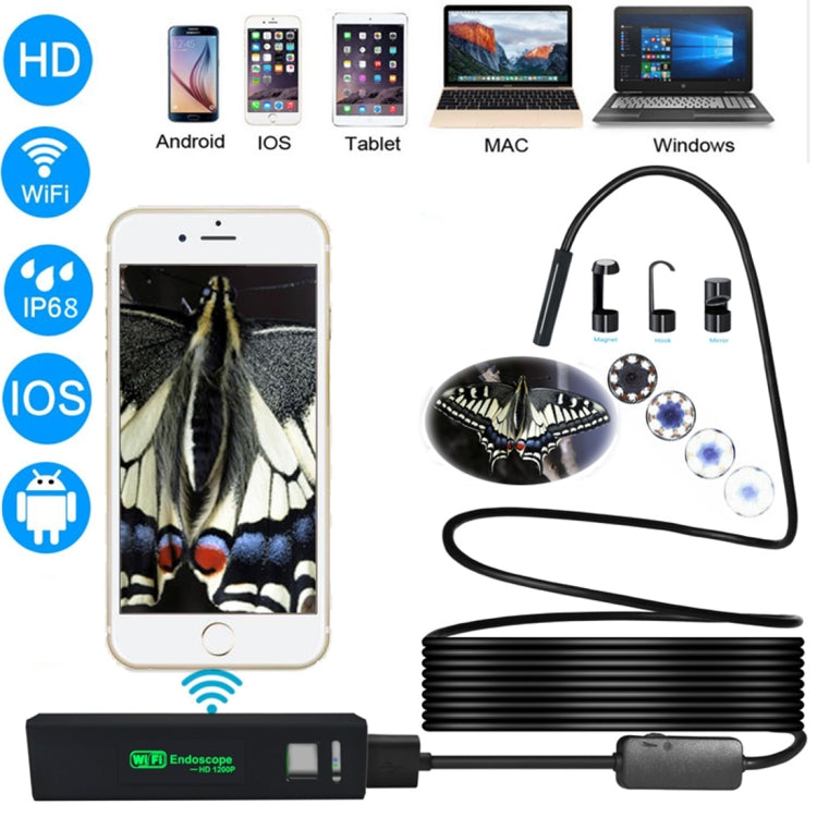 YPC110 Cámara de inspección de tubo de serpiente endoscópica WiFi con cámara HD de 8 mm y 2.0 MP con 8 LED, resistente al agua IP68, diámetro de lente: 8 mm, longitud: 10 m, línea dura, 10m Hard Line