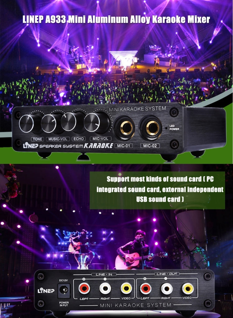 Mini máquina de Karaoke A933, amplificador mezclador de sonido para PC/TV/teléfonos móviles, compatible con entrada RCA/entrada de micrófono de 2 canales, A933