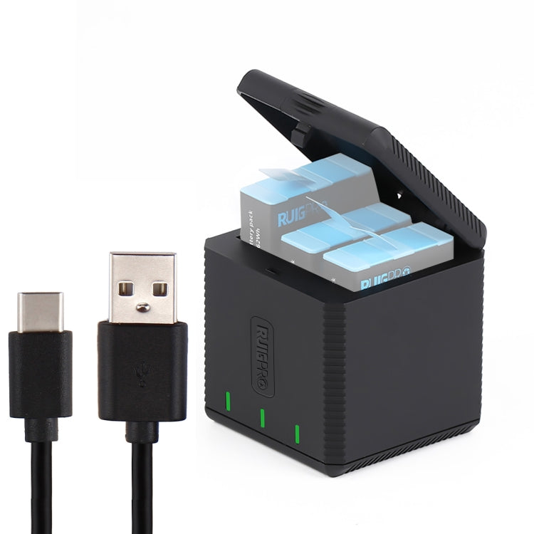 RUIGPRO Caja de cargador de carcasa de baterías triples USB con cable y luz indicadora para GoPro HERO9 Black / HERO10 Black