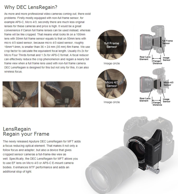 Aputure DEC LensRegain Adaptador de lente de enfoque de seguimiento remoto inalámbrico para cámara MFT, adaptador reductor focal 0.75X