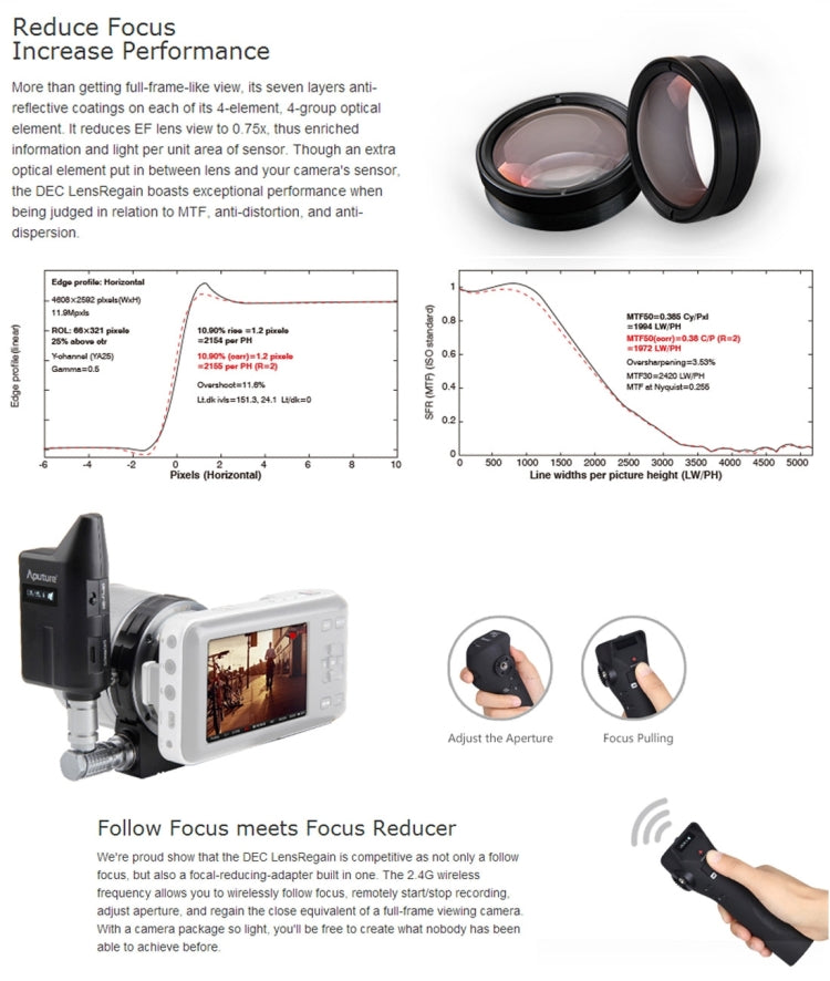 Aputure DEC LensRegain Adaptador de lente de enfoque de seguimiento remoto inalámbrico para cámara MFT, adaptador reductor focal 0.75X