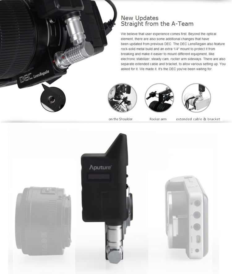 Aputure DEC LensRegain Adaptador de lente de enfoque de seguimiento remoto inalámbrico para cámara MFT, adaptador reductor focal 0.75X