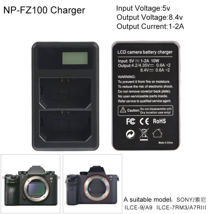 Cargador de batería con pantalla LCD digital de doble canal con puerto USB para batería Sony NP-FZ100, compatible con Sony A9 (ILCE-9), Dual NP-FZ100 Battery