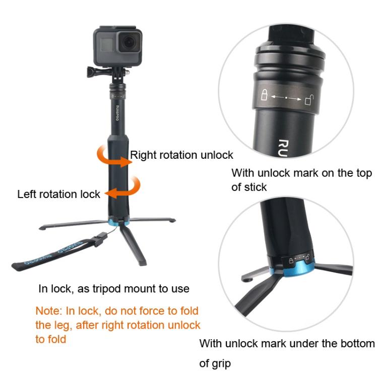 Soporte para trípode plegable portátil Selfie Monopod Stick para GoPro Hero11 Black / HERO10 Black / HERO9 Black /HERO8 / HERO7 /6/5/5 Session /4 Session /4/3+ /3/2/1, Insta360 ONE R, DJI Osmo Actiony otras cámaras de acción, longitud: 23,5-81 cm, RUIGPRO