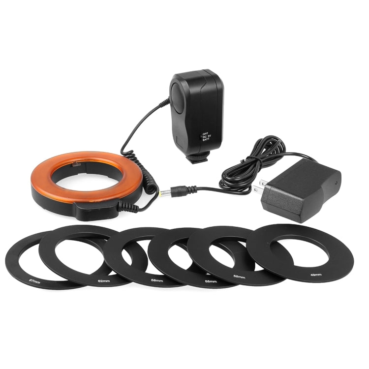 Luz de destello LED circular con 48 luces LED y 6 anillos adaptadores (49 mm/52 mm/55 mm/58 mm/62 mm/67 mm) para lentes macro