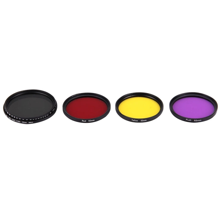 JUNESTAR Filtro de lente profesional 4 en 1 de 52 mm (ND2-400 + rojo + amarillo + FLD / morado) para GoPro HERO5 / 4s / 4/3+ / 3/2 y Xiaomi Xiaoyi Yi I / II 4K y cámara de acción deportiva SJCAM, 4 in 1 52mm Lens