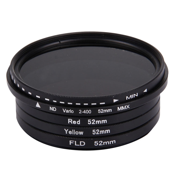 JUNESTAR Filtro de lente profesional 4 en 1 de 52 mm (ND2-400 + rojo + amarillo + FLD / morado) para GoPro HERO5 / 4s / 4/3+ / 3/2 y Xiaomi Xiaoyi Yi I / II 4K y cámara de acción deportiva SJCAM, 4 in 1 52mm Lens
