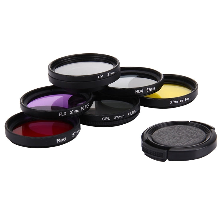 JUNESTAR Filtro de lente profesional 7 en 1 de 37 mm (CPL + UV + ND4 + rojo + amarillo + FLD / morado) y tapa protectora de lente para cámara de acción deportiva GoPro HERO4 / 3+ / 3, 7 in 1