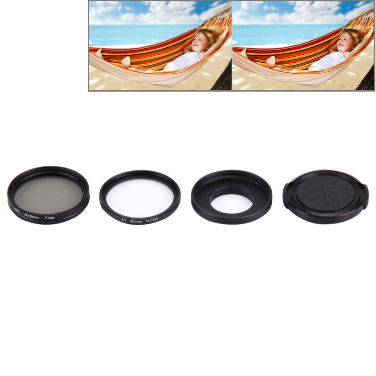 JUNESTAR Filtro de lente profesional 4 en 1 de 40,5 mm (CPL + UV) y anillo adaptador de carcasa impermeable y tapa protectora de lente para cámara de acción deportiva GoPro HERO4 / 3+ / 3, 4 in 1 40.5mm Lens