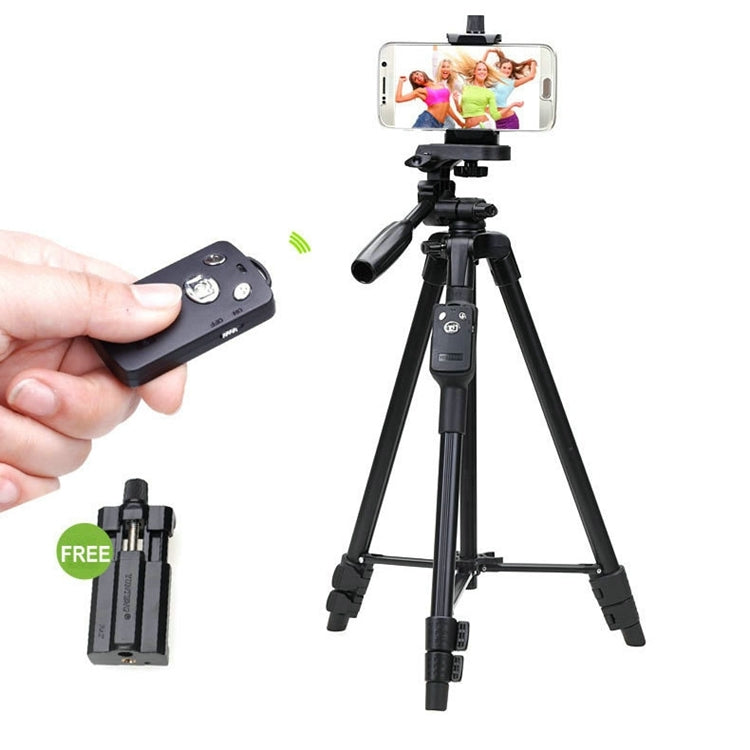 YUNTENG VCT-5208RM Soporte de trípode con patas de aleación de aluminio y magnesio con control remoto Bluetooth, cabezal de trípode y abrazadera para teléfono para cámaras SLR y teléfonos inteligentes, altura: 125 cm, VCT-5208