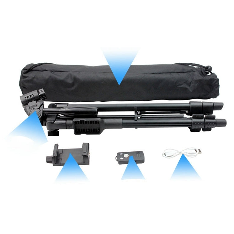 YUNTENG VCT-5208RM Soporte de trípode con patas de aleación de aluminio y magnesio con control remoto Bluetooth, cabezal de trípode y abrazadera para teléfono para cámaras SLR y teléfonos inteligentes, altura: 125 cm, VCT-5208