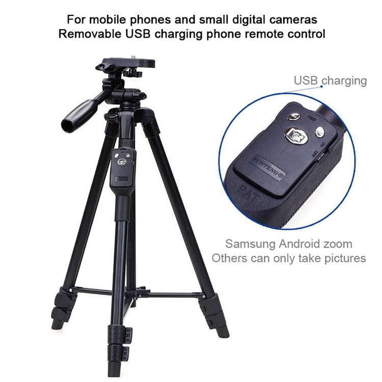 YUNTENG VCT-5208RM Soporte de trípode con patas de aleación de aluminio y magnesio con control remoto Bluetooth, cabezal de trípode y abrazadera para teléfono para cámaras SLR y teléfonos inteligentes, altura: 125 cm, VCT-5208