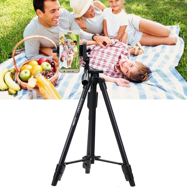 YUNTENG VCT-5208RM Soporte de trípode con patas de aleación de aluminio y magnesio con control remoto Bluetooth, cabezal de trípode y abrazadera para teléfono para cámaras SLR y teléfonos inteligentes, altura: 125 cm, VCT-5208