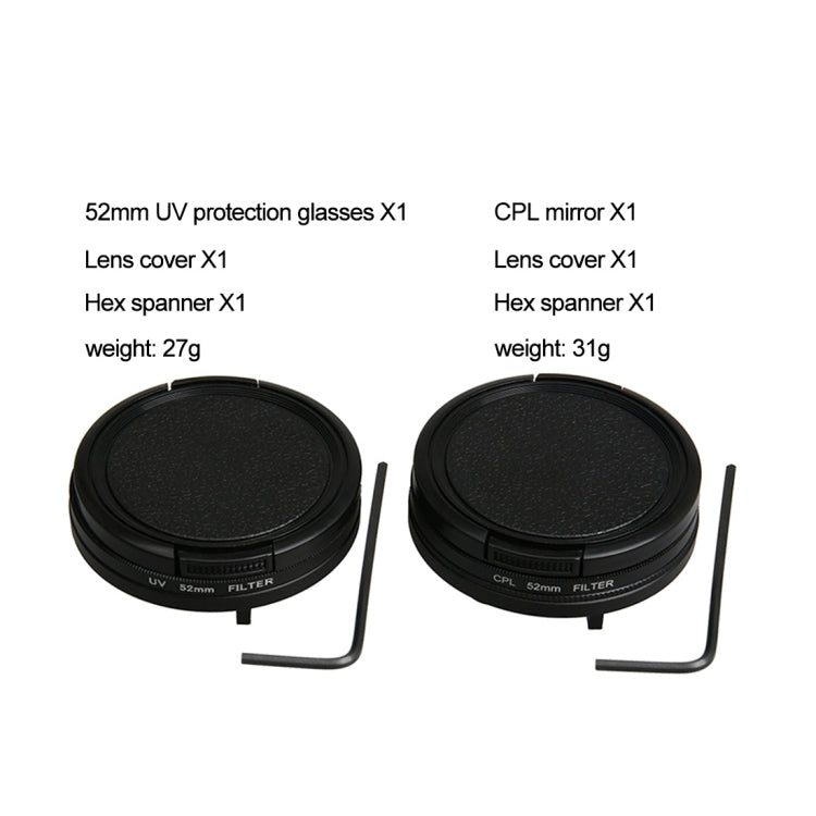 Para GoPro HERO5 Filtro de lente profesional de 52 mm (filtro CPL + tapa protectora de lente + llave hexagonal) y (filtro UV + tapa protectora de lente + llave hexagonal), 4 in 1