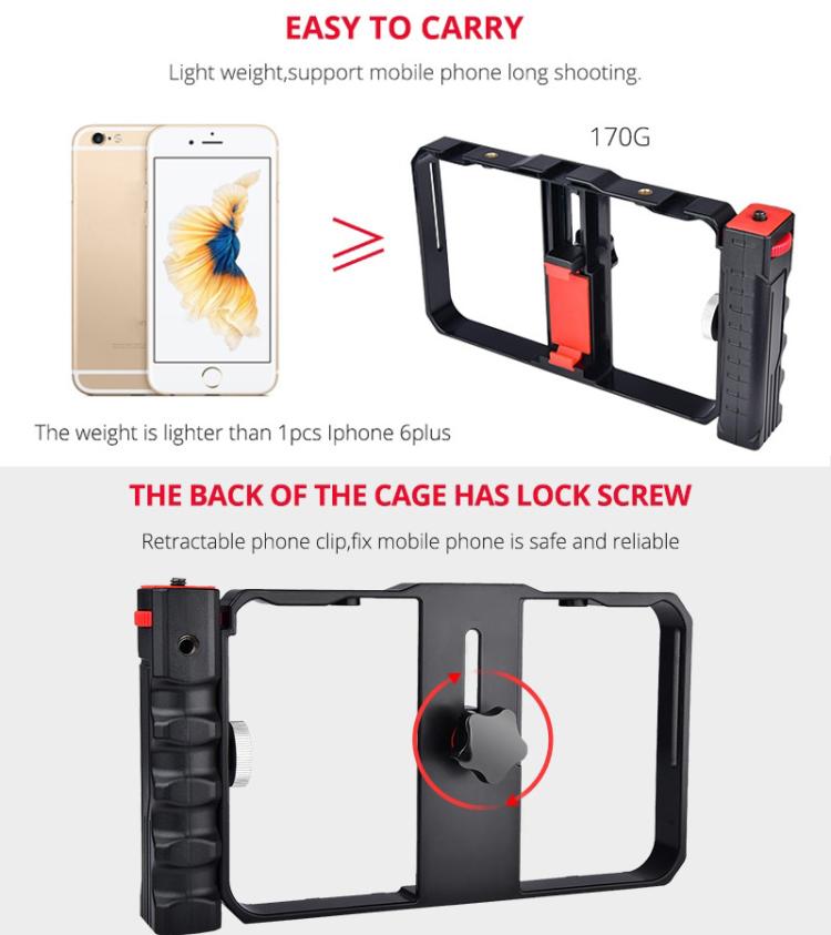 YELANGU YLG0901B Vlogging Transmisión en vivo Smartphone Jaula de plástico Video Rig Filmación Grabación Mango Estabilizador Soporte para iPhone, Galaxy, Huawei, Xiaomi, HTC, LG, Google y otros teléfonos inteligentes, YLG0901B