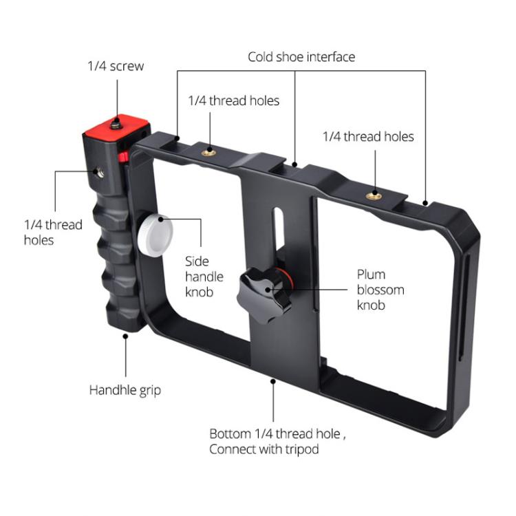 YELANGU YLG0901B Vlogging Transmisión en vivo Smartphone Jaula de plástico Video Rig Filmación Grabación Mango Estabilizador Soporte para iPhone, Galaxy, Huawei, Xiaomi, HTC, LG, Google y otros teléfonos inteligentes, YLG0901B
